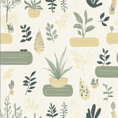 Minimalist Botanical Pattern with Potted Plants and Foliage