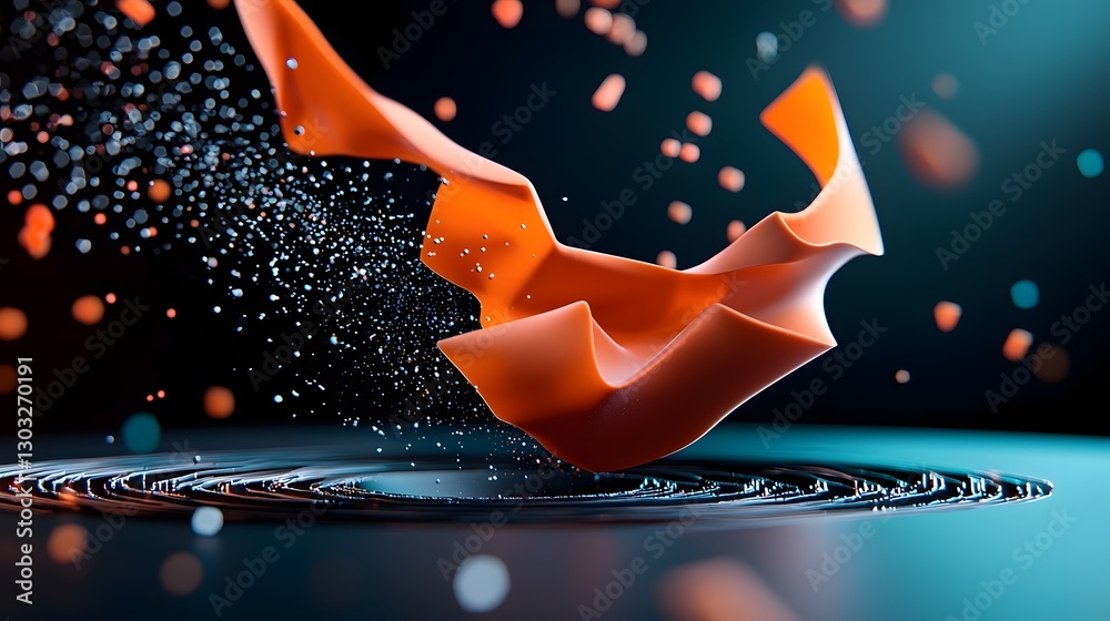 Poster flowing digital landscape with pulsing geometric shapes and data streams abstract futuristic environ
