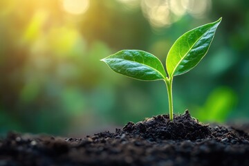 close up photo of single seed growing from moist soil, vibrant green leaves, ultra-realistic details, 