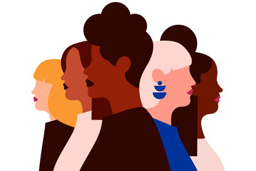 Minimal illustration of diverse women. Overlapping silhouettes in various skin tones, hairstyles. Concept on modern representation of female diversity and community. International Women's Day, March 8