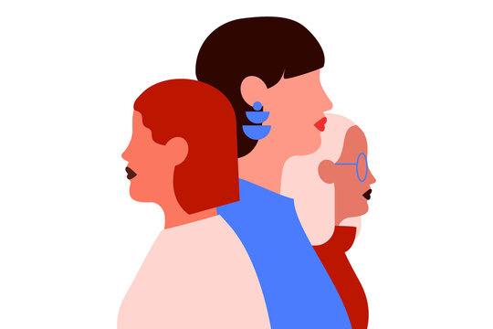 Colorful illustration of three diverse women. Stylized faces with statement earrings and varied hairstyles. Concept on female unity, diversity, empowerment. Women's Day, March 8. Banner, social media