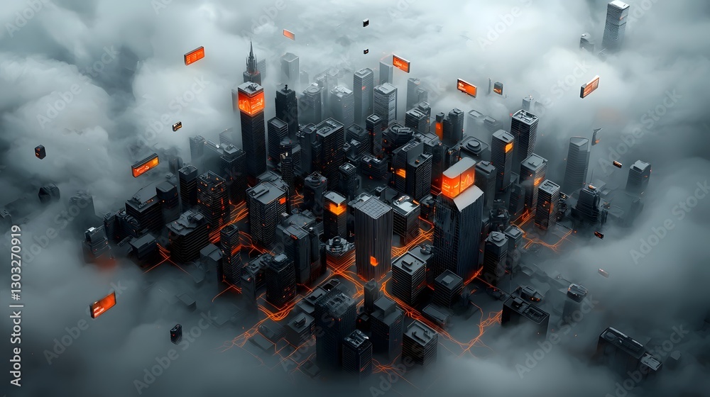 Poster expansive futuristic digital cityscape with interlinking architectural forms shimmering data matrice