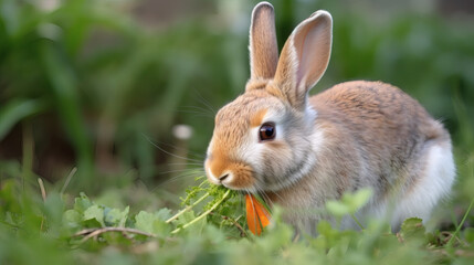 Fototapeta premium rabbit-eating-carrots-field