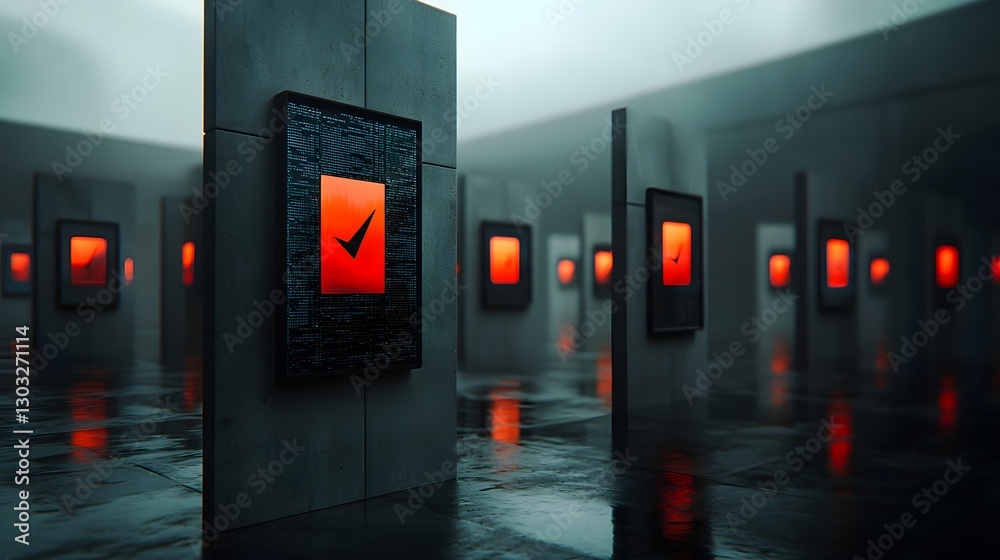 Poster expansive futuristic data center with pulsing binary matrices and clusters wide angle perspective sh