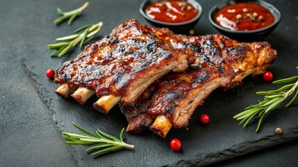 Succulent ribs are generously coated with a rich barbecue sauce, sitting on a slate platter. Brightly colored herbs and sauces accompany this delicious dish, showcasing culinary artistry