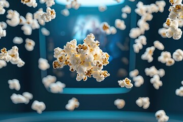 A dynamic scene featuring popping popcorn kernels against a blue backdrop, creating a playful and vibrant atmosphere ideal for food-related themes.