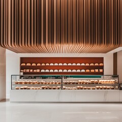 Elegant bakery interior with marble counter showcasing delicious pastries and breads, under a unique wooden ceiling