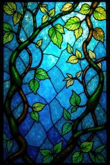 Leafy branches and vines in stained blue glass, blue, stained glass