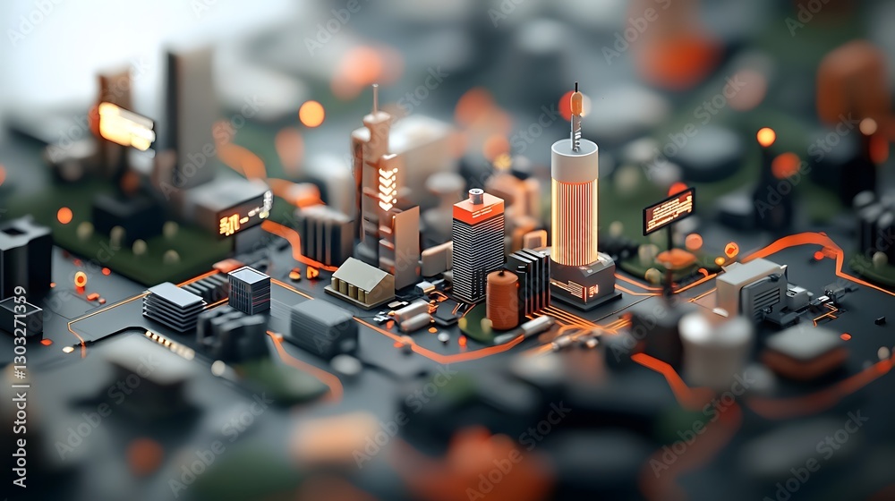 Poster expansive futuristic cityscape with interlinking architectural forms shimmering data matrices neon i