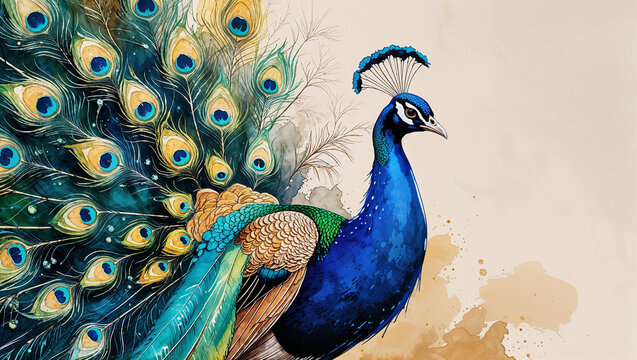 Illustrazione acquarello e china di un bellissimo pavone indiano