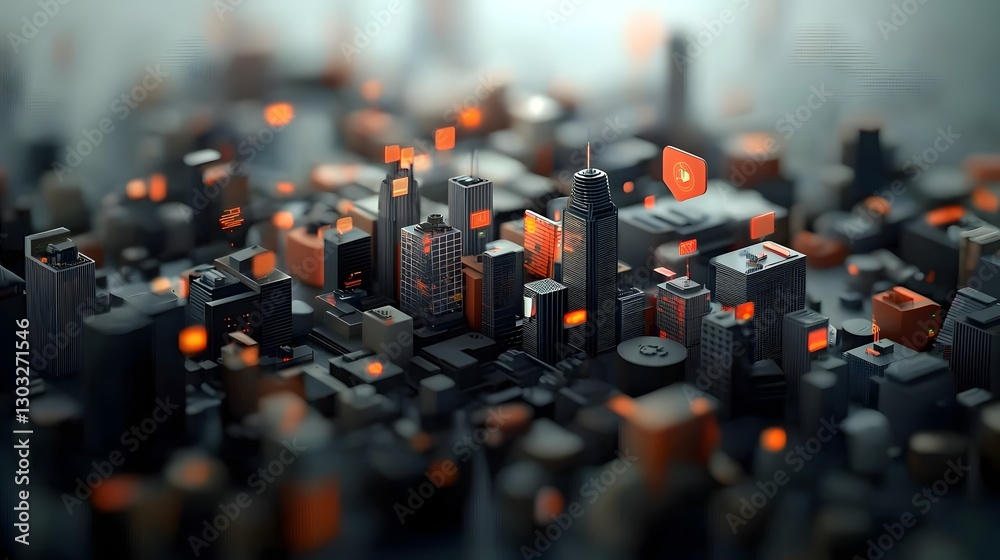 Poster expansive digital cityscape with interlinking architectural forms shimmering data matrices neon illu