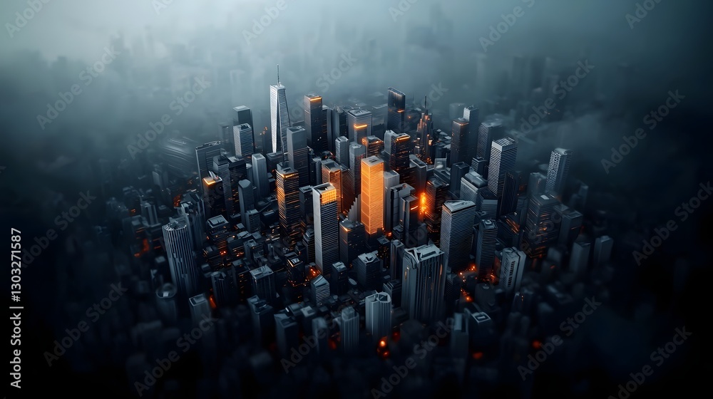 Poster expansive digital cityscape with interlinking architectural forms shimmering data matrices neon illu