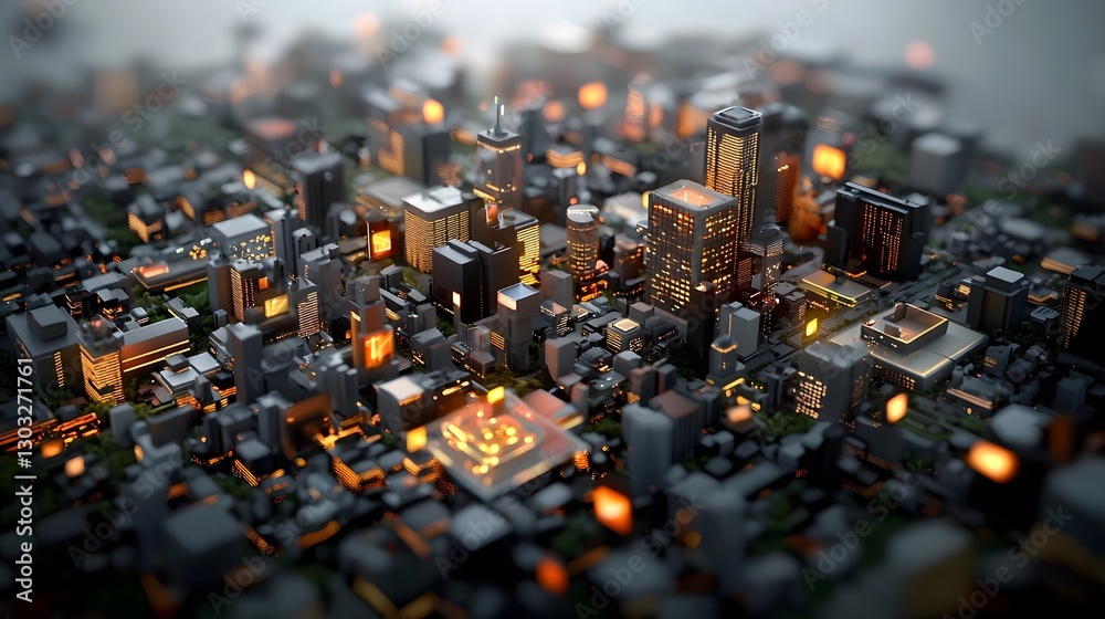 Poster expansive digital cityscape with interlinking architectural forms shimmering data matrices neon illu