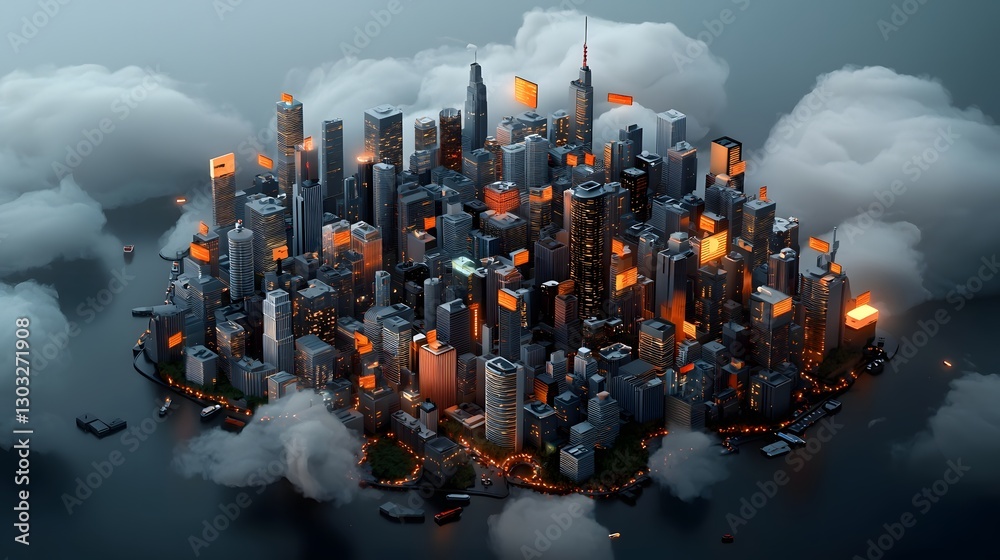 Poster expansive and visually striking digital cityscape featuring a complex network of interlinking archit