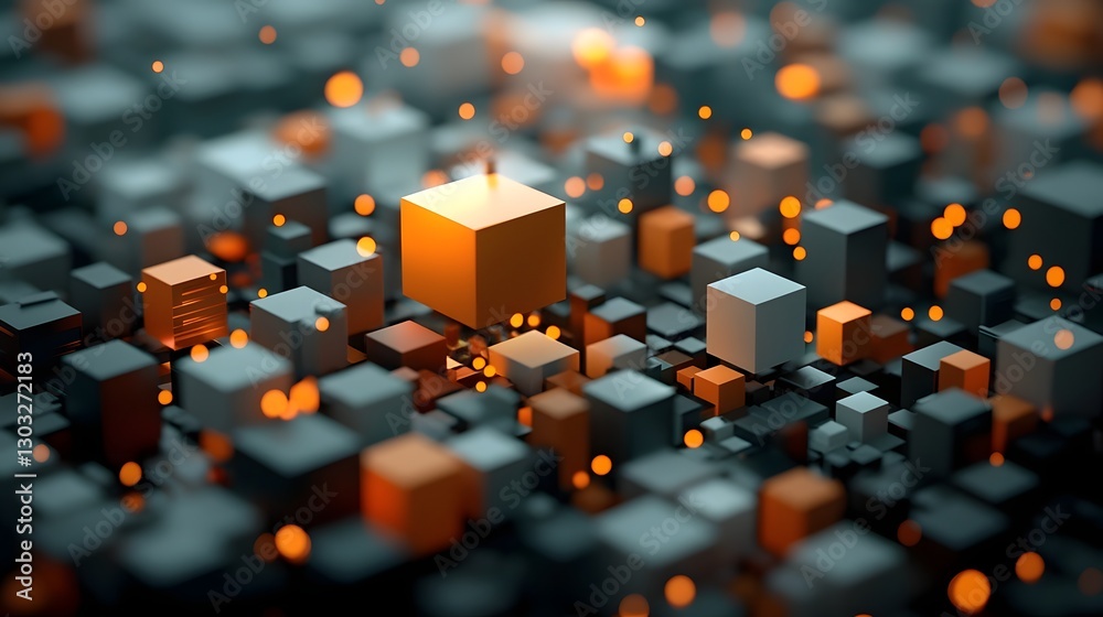 Poster expansive digital cityscape featuring interlinking architectural forms shimmering data matrices neon