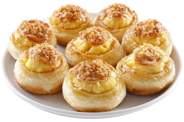 Creamy pastry puffs, golden brown tops, sprinkled with nuts, plate of desserts, crispy layers, sweet cream filling, round pastries, delicate French patisserie, close-up food photography, soft lighting