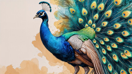 Obraz premium Illustrazione acquarello e china di un bellissimo pavone indiano