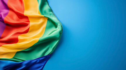 A rainbow flag is on a blue background