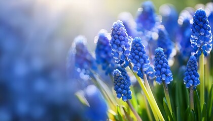 spring background muscari plant in bloom beautiful blue flowers macro shot