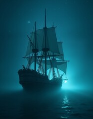  Generated image of a majestic ship sailing through a star-filled, cloud-covered sky.