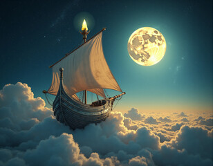  Generated image of a majestic ship sailing through a star-filled, cloud-covered sky.