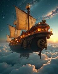  Generated image of a majestic ship sailing through a star-filled, cloud-covered sky.
