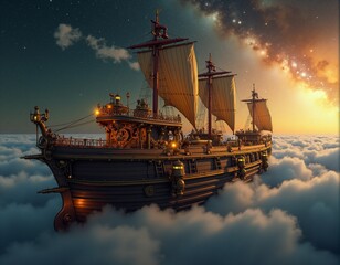  Generated image of a majestic ship sailing through a star-filled, cloud-covered sky.
