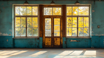 Abandoned factory interior with autumnal views