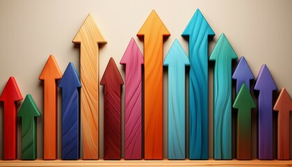 a row of colorful wooden arrows pointing upwards