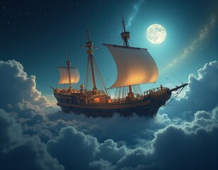  Generated image of a majestic ship sailing through a star-filled, cloud-covered sky.