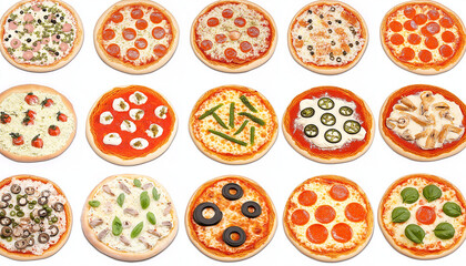 Bunte Auswahl an Pizzas mit verschiedenen Belägen auf einem Tisch

