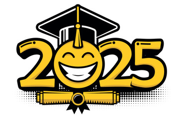 Graduation class of 2025. Emoticon smile in graduation cap. Template for greeting, invitation card graduation party. Vector on transparent  background