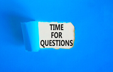 Time for questions symbol. Concept words Time for questions on beautiful white paper. Beautiful blue table blue background. Business time for questions concept. Copy space.