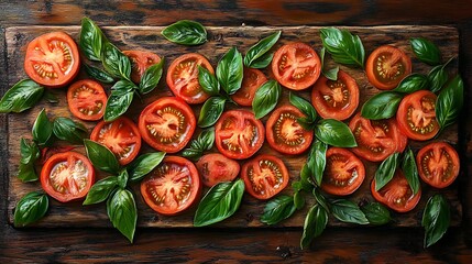Fototapeta premium Sliced tomatoes and basil leaves arranged on a rustic wooden board. (1)