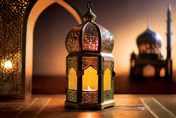 Islamic style lantern design for ramadan celebration with copy space