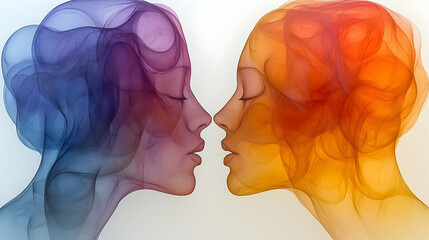 Abstract Faces Kissing; Colorful Minds Connect