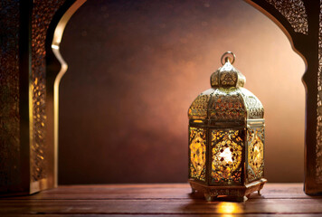 Islamic style lantern design for ramadan celebration with copy space