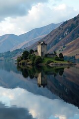 Fototapeta premium Reflection of Invergarry Castle on the surface of Oich Loch, peaceful, boat, landscape