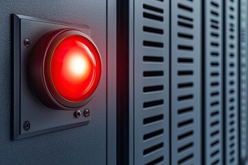 Close-up of a red alert button on a server rack, signaling warning or critical status in a data center environment.