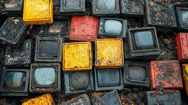 Decayed Displays: A stark visual of a collection of discarded, decaying television sets, highlighting the issue of electronic waste and obsolescence. 