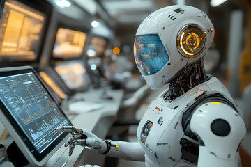 Fototapeta premium Discover the future with a glimpse into a futuristic AI-powered office featuring robotic assistants, laptops, chairs, and more in this captivating image.