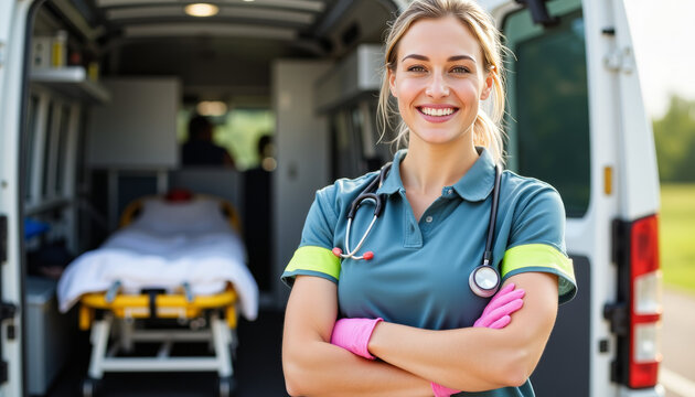Confident female paramedic smiling in front of ambulance, emergency training