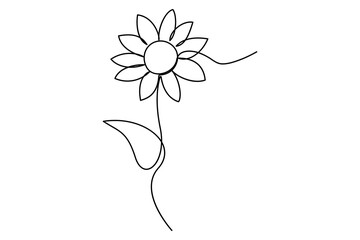 A single-line black and white illustration of a sunflower
