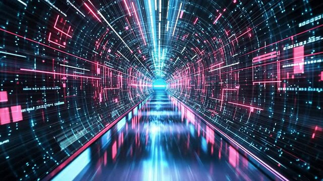 Futuristic Binary Code Tunnel with Digital Waves and Abstract Data Patterns