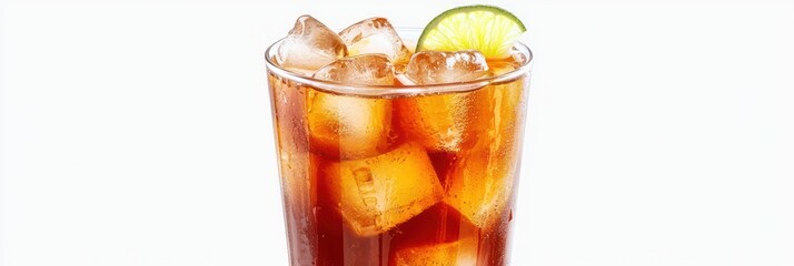 Refreshing iced tea, Glass tumbler, Ice cubes, Lemon slice garnish, Amber liquid, Condensation droplets, Crisp and cool beverage, Summer drink, High-resolution detail, Soft lighting, White background,