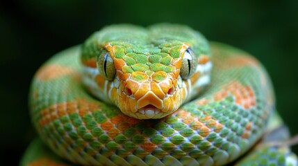 Fototapeta premium Close-up of coiled, vibrant green and orange snake in jungle