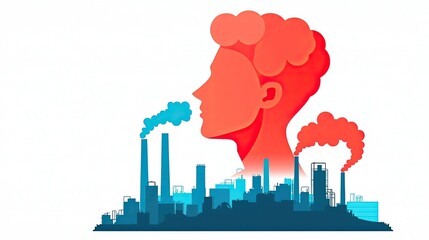 Conceptual illustration depicting the impact of pollution on human health, featuring a person's head and an industrial cityscape with smoke.