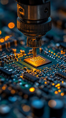Automated machine installing components on a circuit board symbolizes precision, efficiency, and advanced technology in semiconductor manufacturing, ensuring high-quality production and innovation