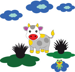 This colorful and cheerful illustration features a group of adorable farm animals, including a smiling cow, a fluffy sheep, and a playful cat, all gathered under a bright sun with fluffy clouds. A wis