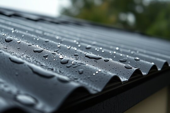 Close-up of water droplets on a corrugated metal roof after rain. Concept of roof protection from leaks and waterproofing solutions.